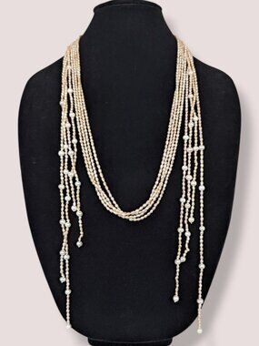 4-Strand Pink & White Pearl Lariat Necklace